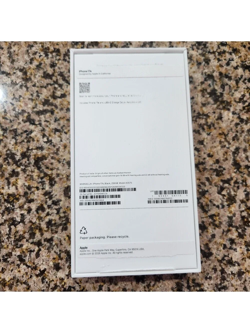 Apple iPhone 17e Box Only - Empty Retail Box with Inserts Black 512GB